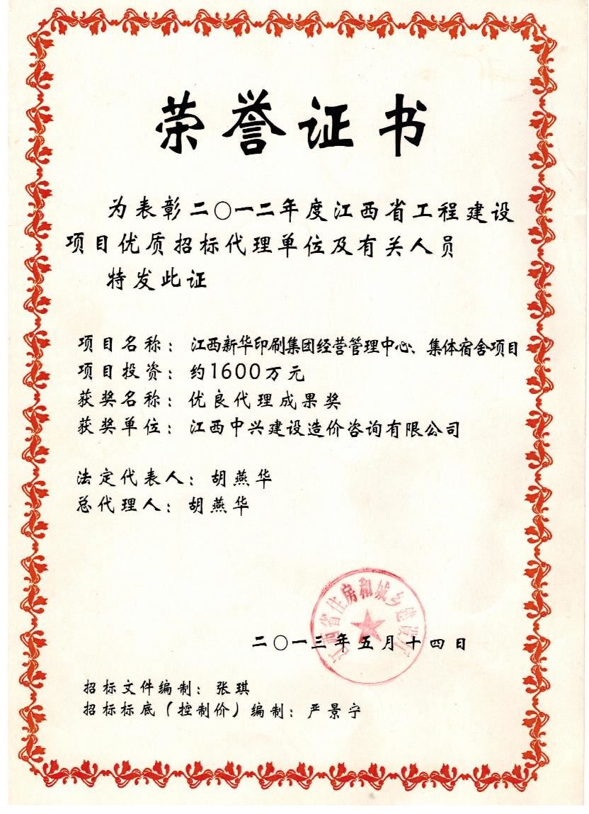 2012年度优良代理成果奖